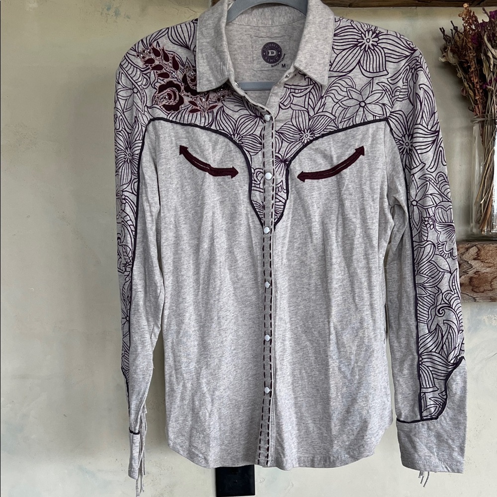 Double D Ranch Gray and Purple Floral fringe button down